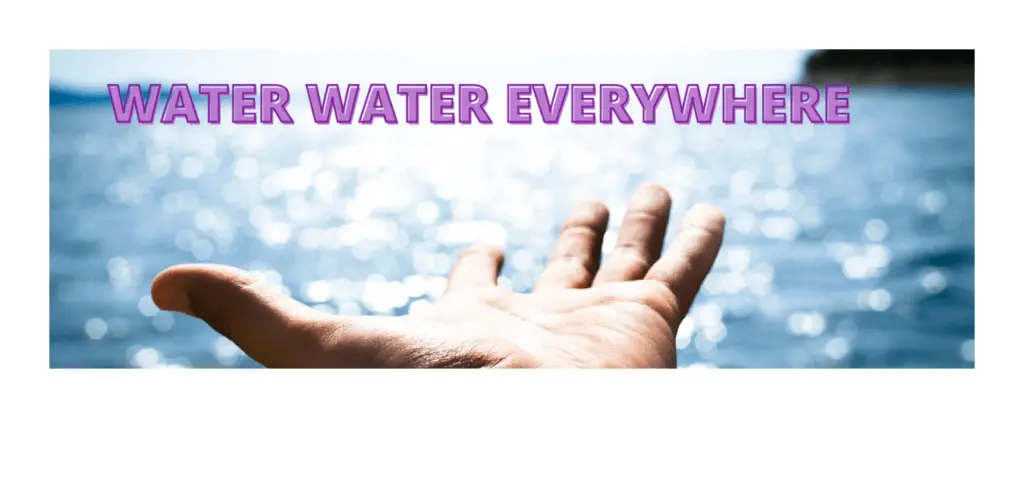 We have a picture of a persons left Hand with the palm of the hand facing upwards, fingers spread and pointing towards abody of water, with the saying at the Top saying WATER WATER EVERYWHERE