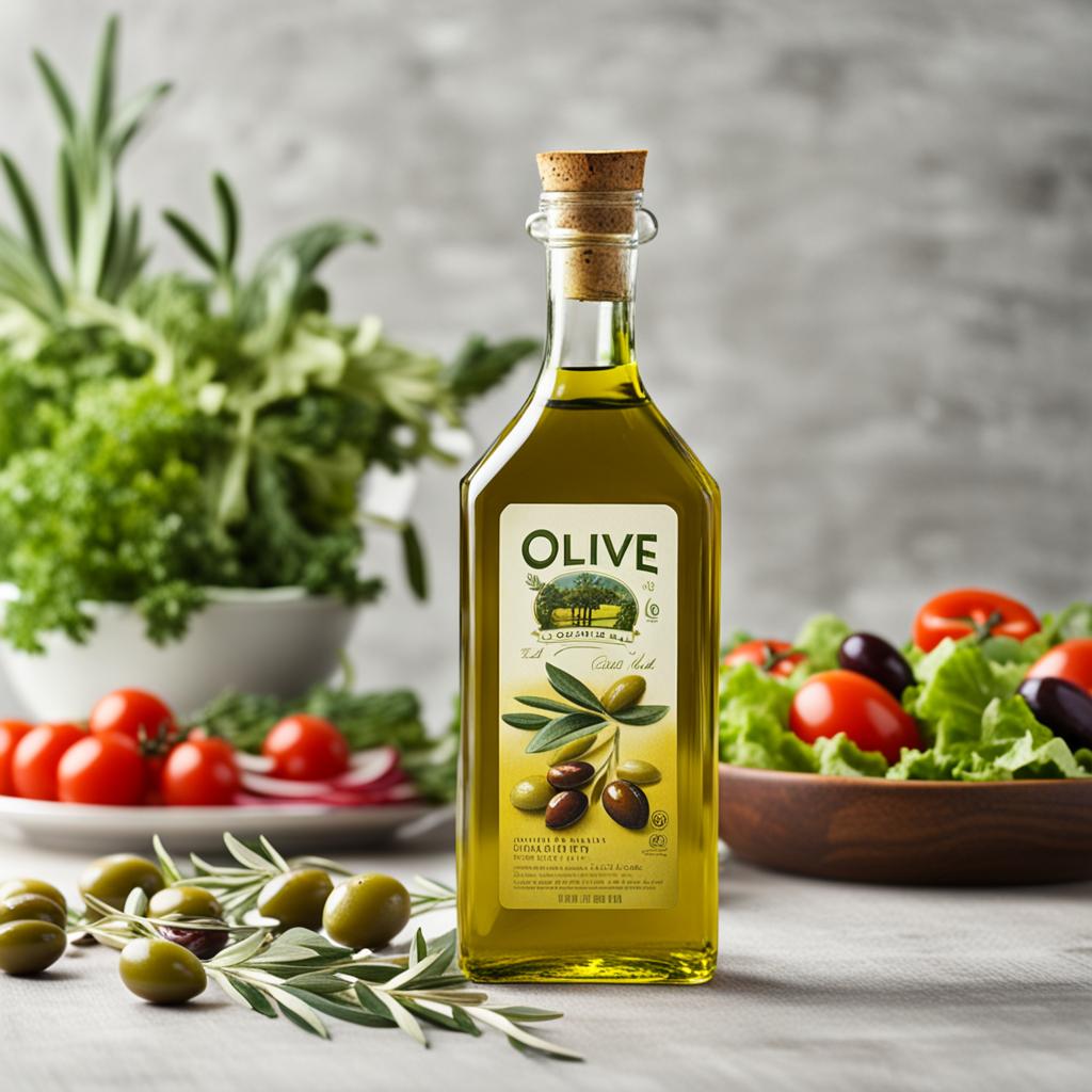 We have a nice Square Bottle Full of Olive Oil sitting on a table next a bowl of Salad and OLives on the Vine.