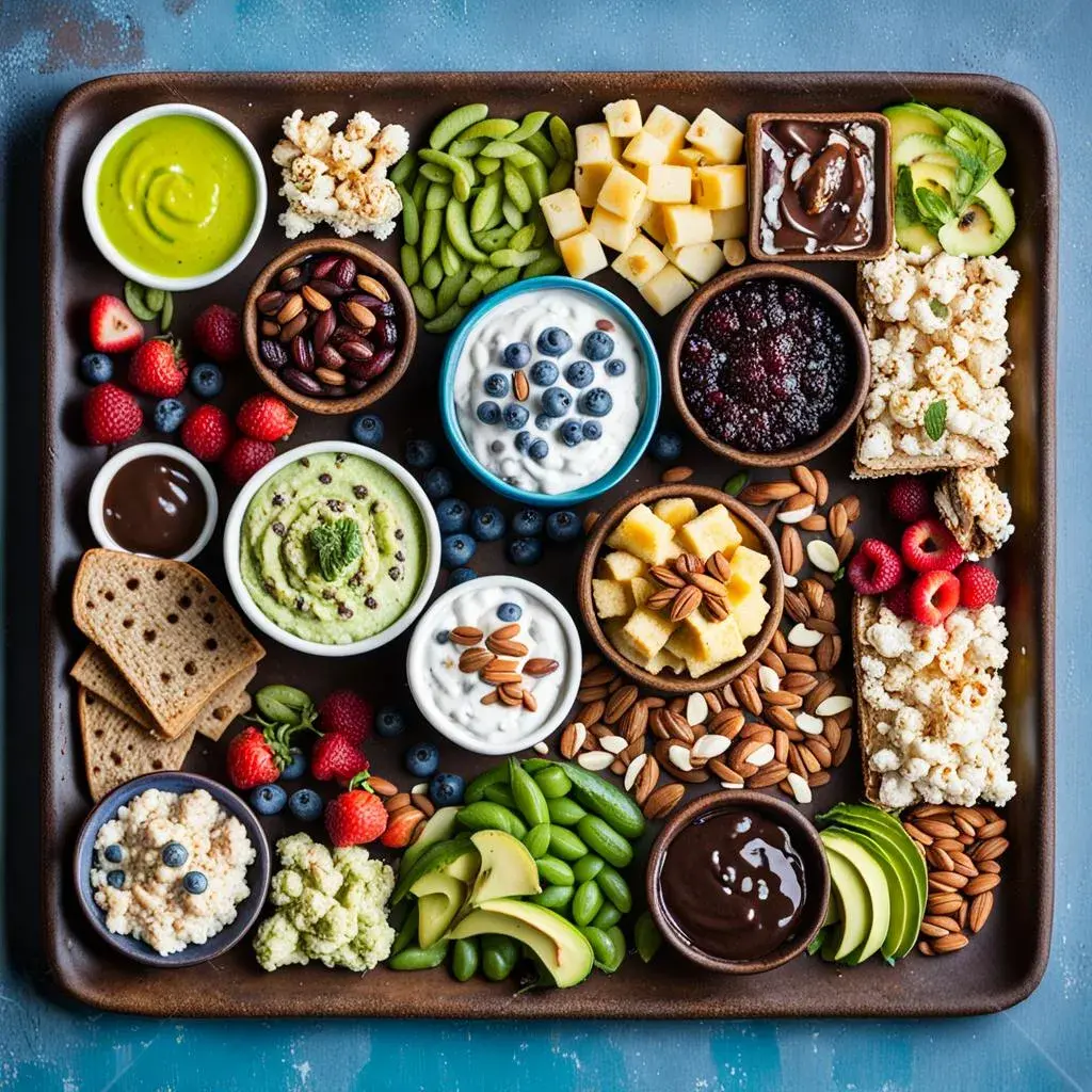 A tray with various snacks in individual Bowls.