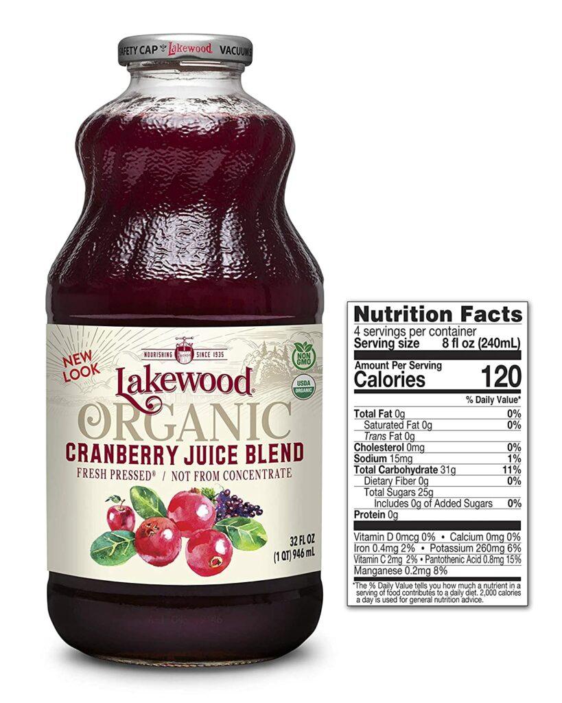 A 32oz Glass Bottle of Lakewood Organic Cranberry Juice BLEND  not from concentrate with Nutritional facts.