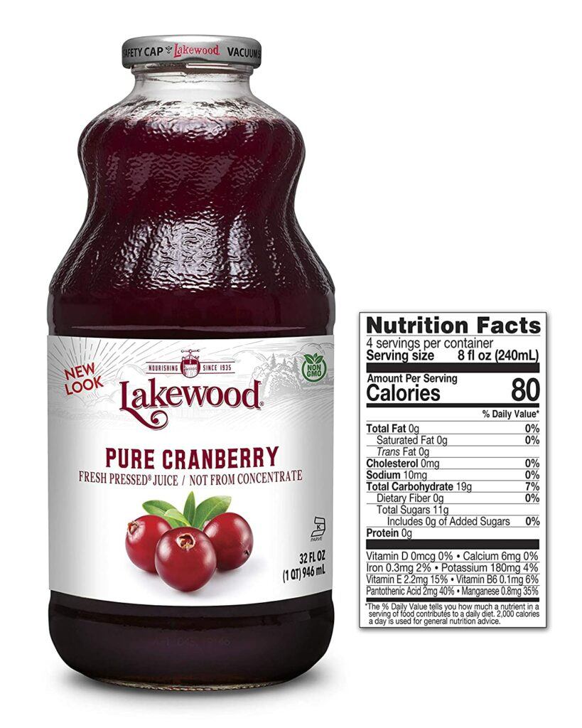 A 32oz Glass Bottle of Lakewood Pure Cranberry Juice