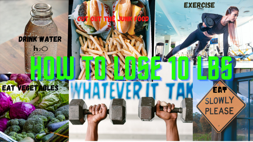 ACollage of Pictures showing various things you can to lose weight, Exercise, eat vegetables ,drink water, eat slowly, Dumo Junk food. Super imposed on it states How to Lose 10 lbs,