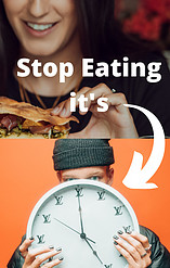 Picture of a person eating and being told to stop at 17.00 hrs with an arrow pointing to a big clock.