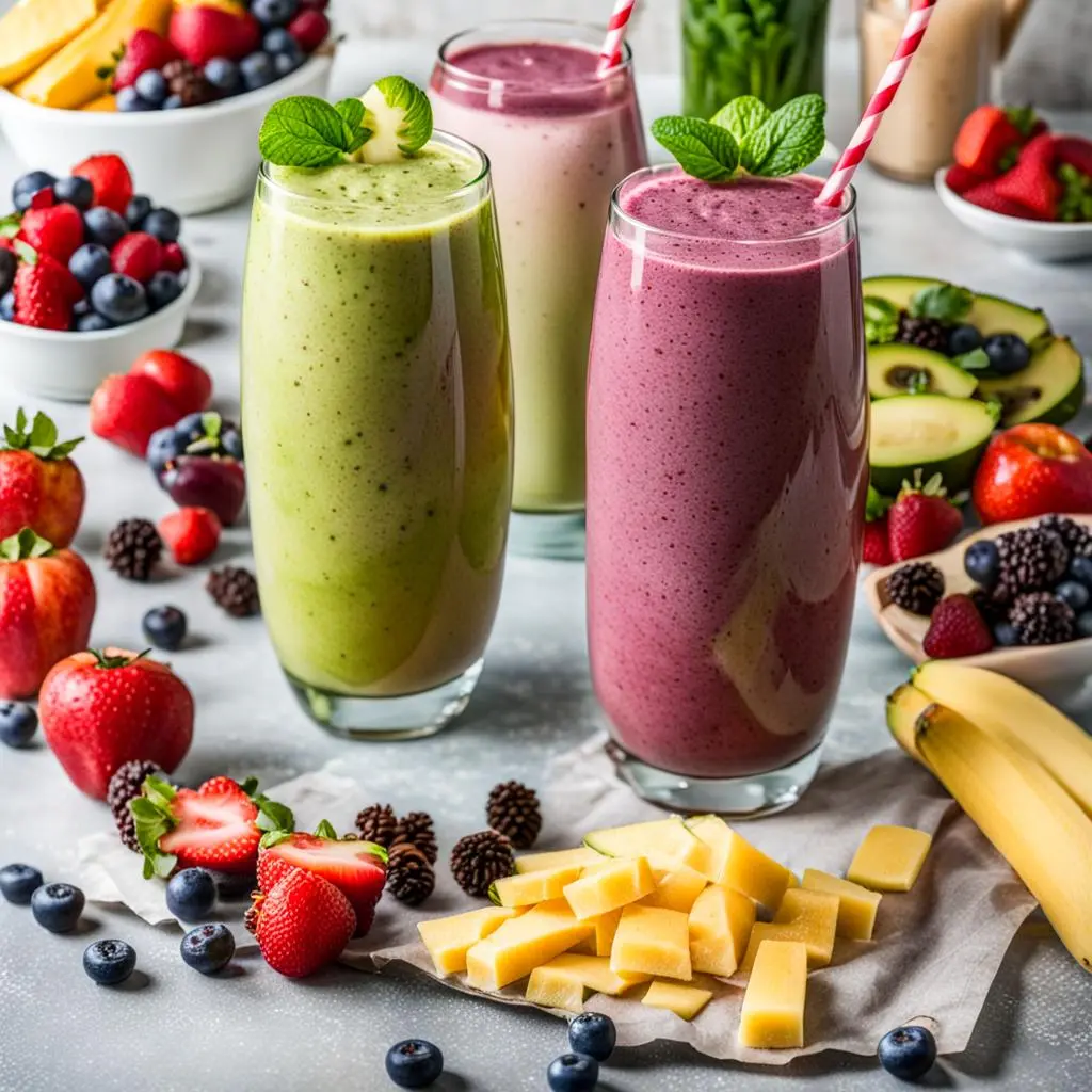 A table with various Fruits spread around, but smack in the middle are three Tall Smoothie Drinks.