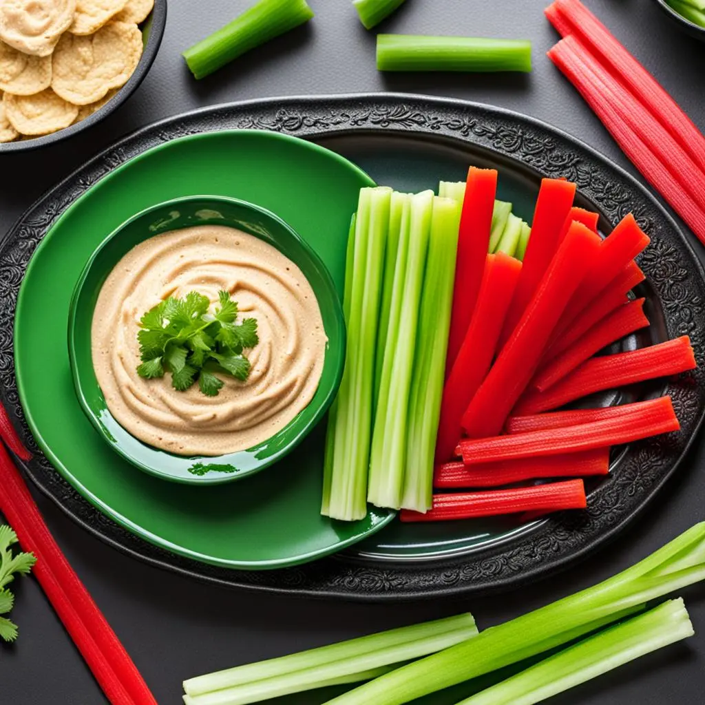 We have slices of Celery lying on a plate next to a bowl of Hummus, ready for dipping.