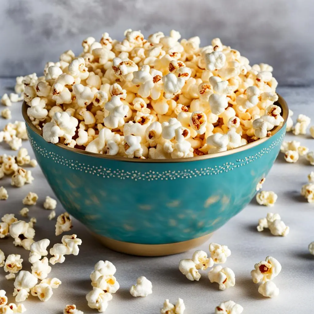 A beautiful Blue Bowl Full of Air-Popped Popcorn.