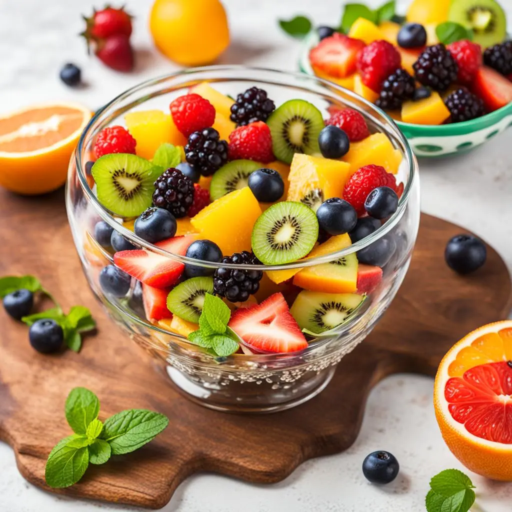 A glass bowl full of various Fruits such as Kiwi , Grapes, Strawberries ,raspberries, blueberries and blackberries.