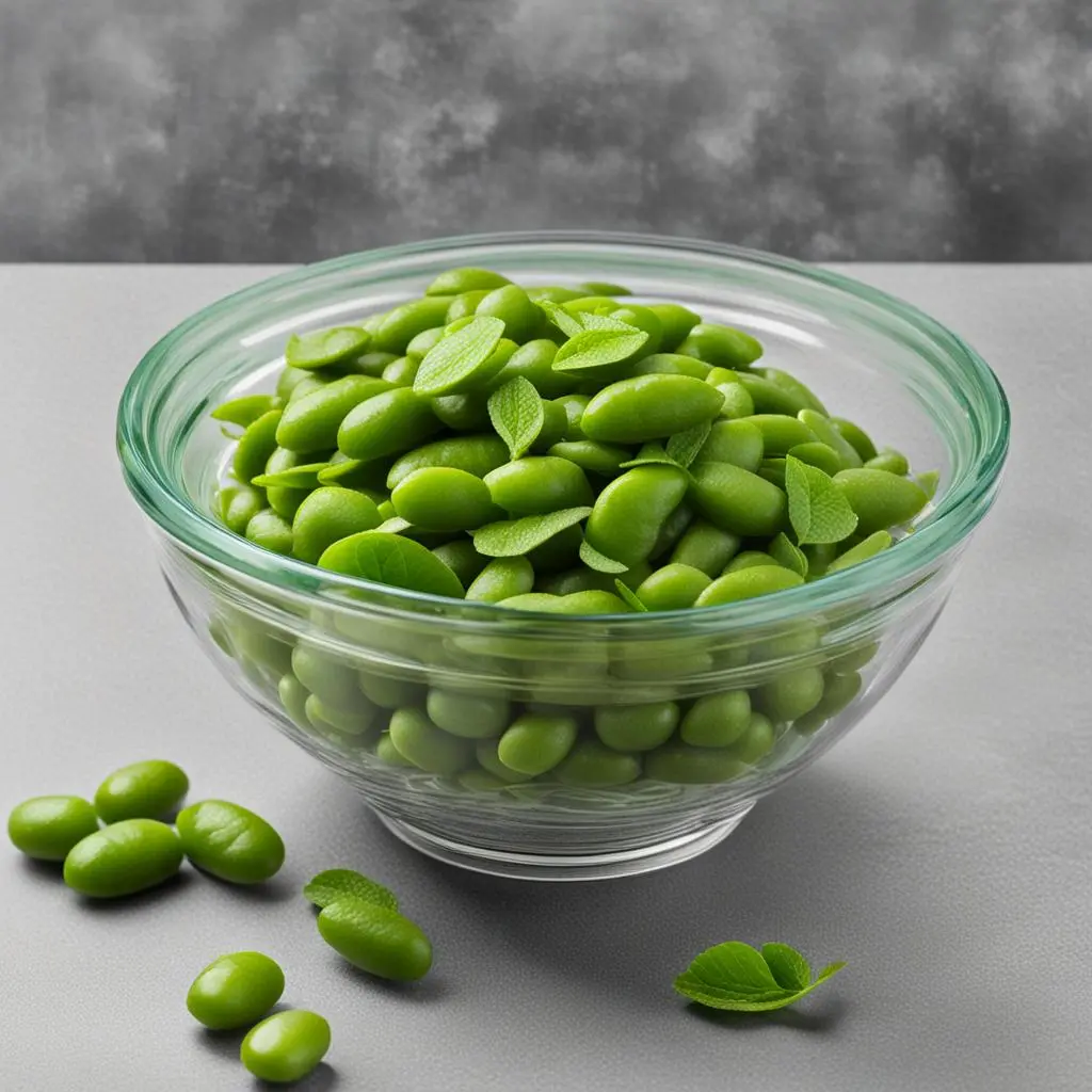 A glass bowl full of Edamame sitting on Table.