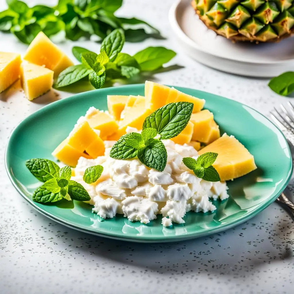 We have a Plate with Cottage Cheese and Pineapple Chunks ,garnished with Mint Leaves