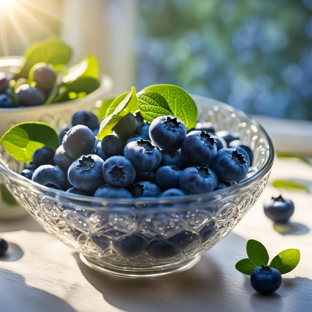 A Ornate Glass bowl Full of Blueberries garnished with Mint leaves.