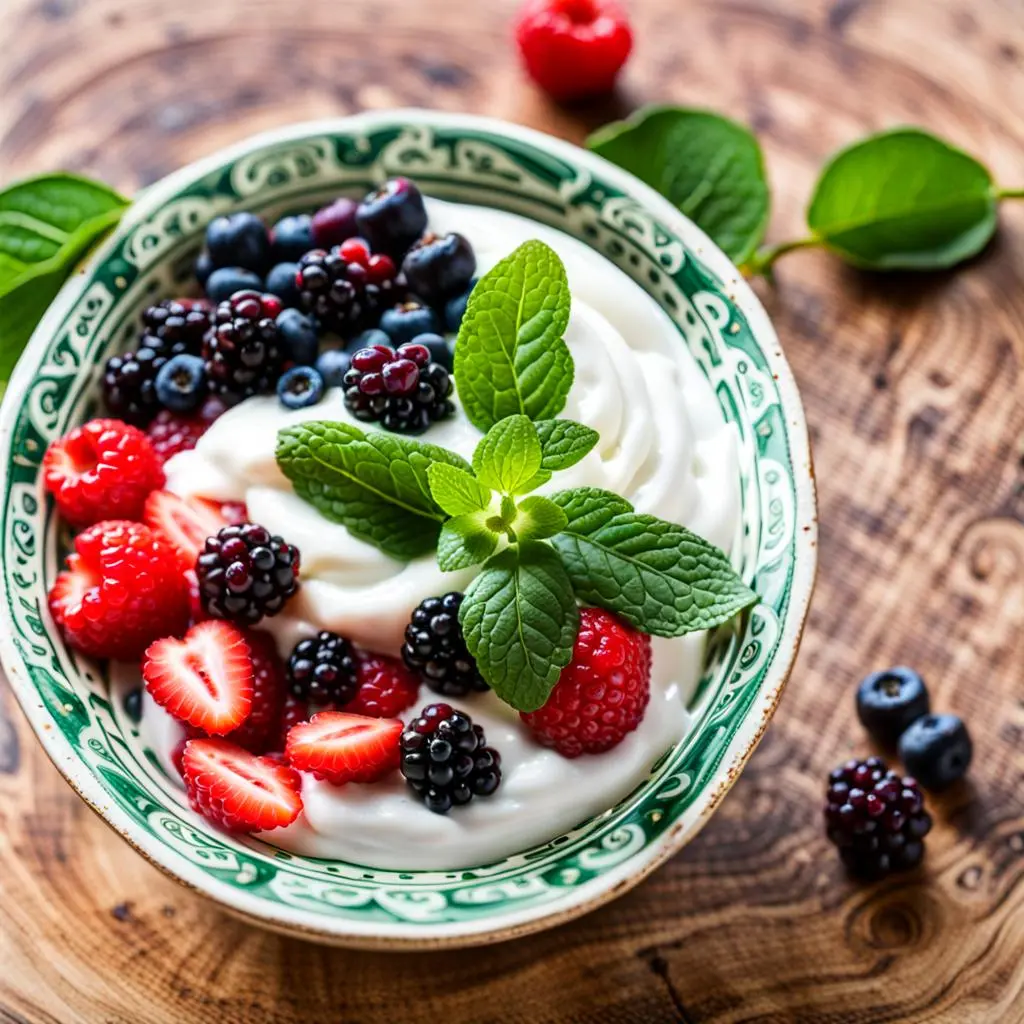 Yoghurt, strawberries, blackberries and Gooseberries, with mint on top.